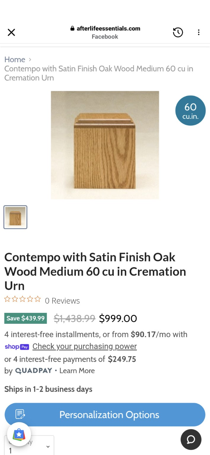 Screenshot of a satin-finished oak cremation urn priced at $999, representing the type of simple cube-style urns that traditional funeral homes often offer as “premium” options.
