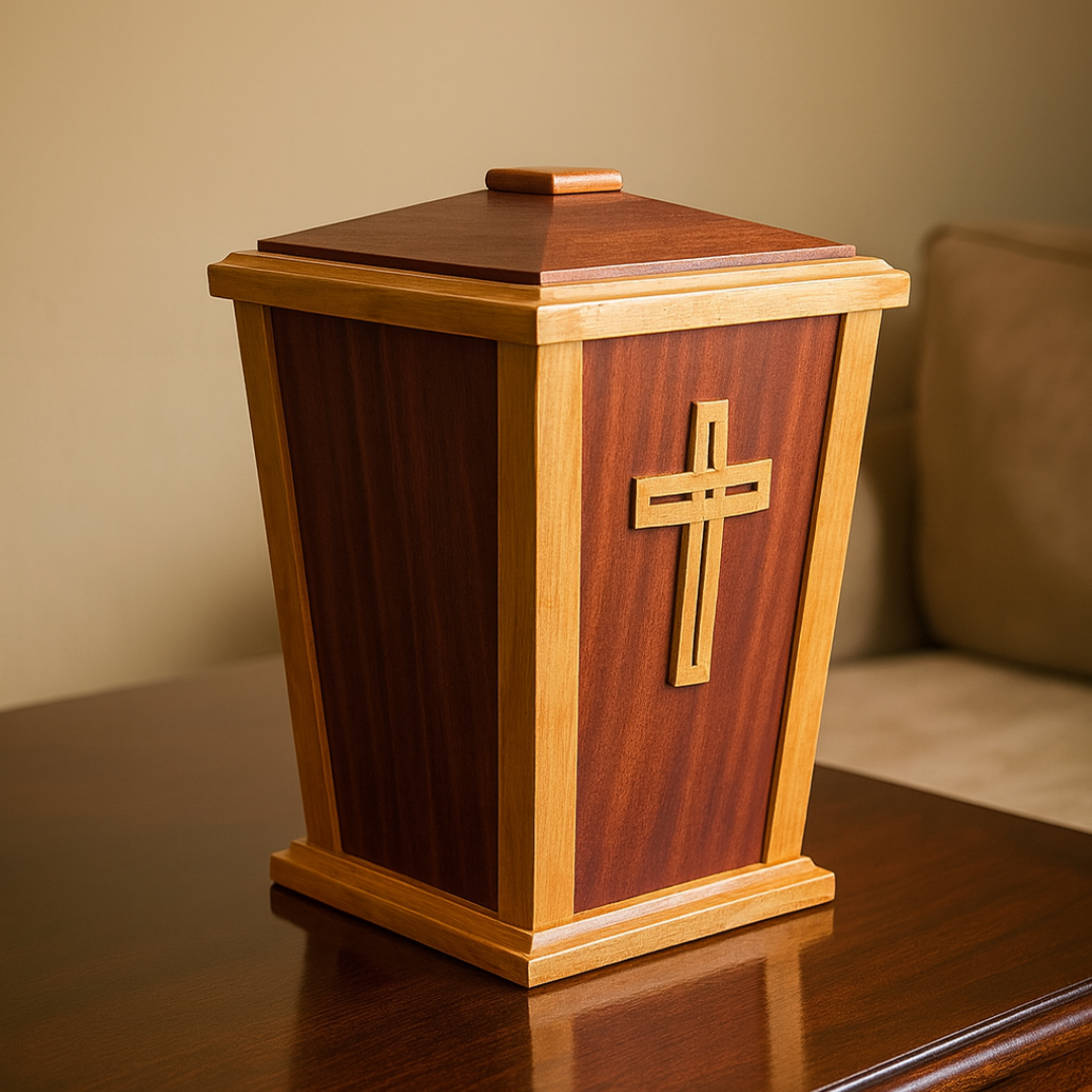 Handcrafted wooden cremation urn in mahogany and maple with a gold cross detail, displayed in warm natural lighting on a wooden surface.