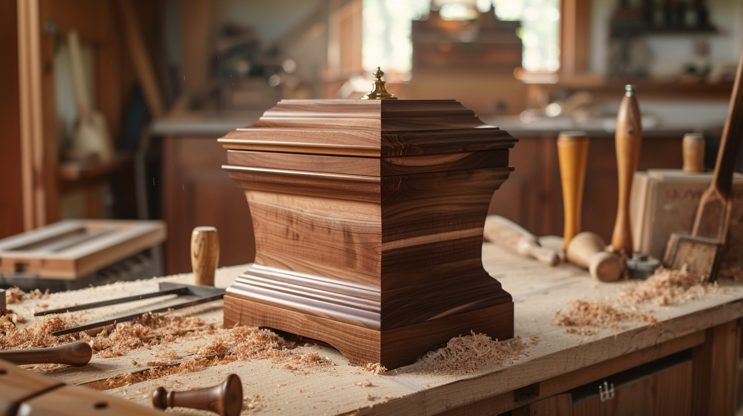 Handcrafted solid wood memorial urn on a woodworking bench, premium hardwood cremation urn for ashes with rich natural grain and heirloom design.