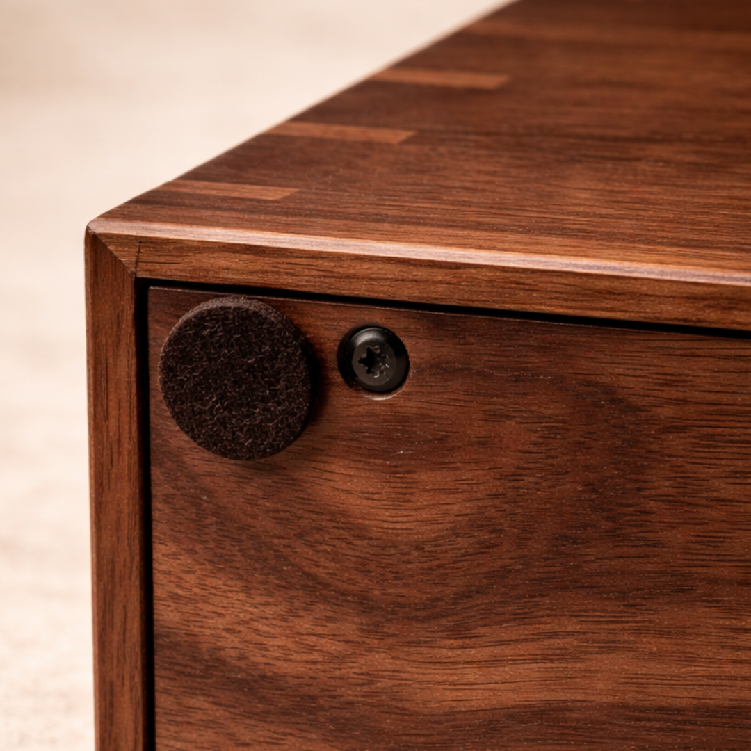 Close-up of a handcrafted walnut urn bottom with a dark satin finish, featuring a flush black hex screw and a protective felt pad, shown on a soft matte background.