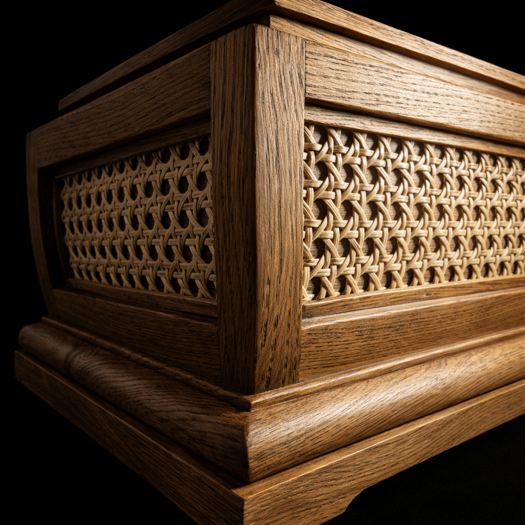 Handcrafted solid wood cremation urn with woven panel detail from the StillWood Signature Collection