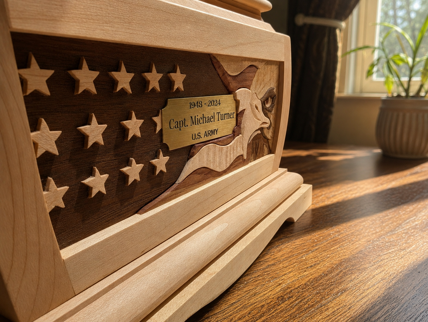 Handcrafted patriotic intarsia memorial urn featuring solid hardwood American flag artwork and custom bronze memorial plaque