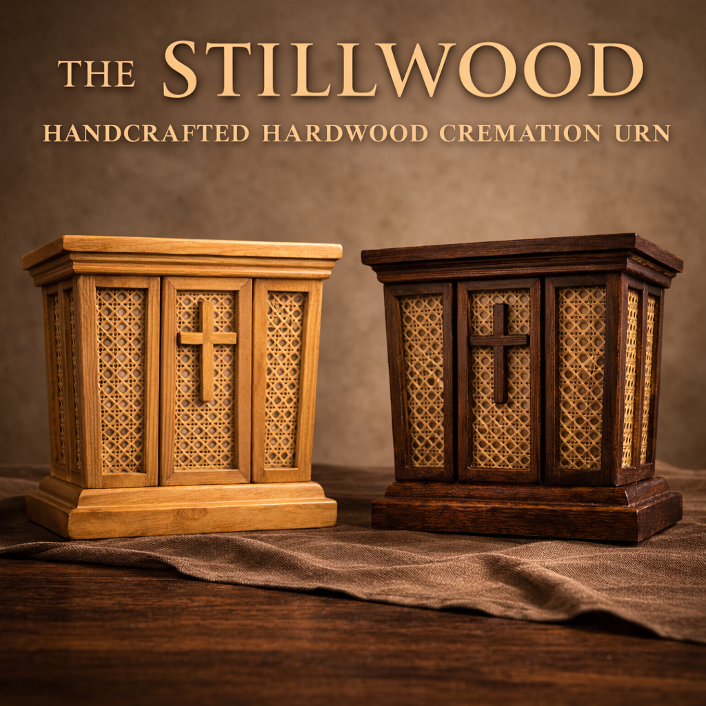 Handcrafted hardwood cremation urns – StillWood collection in oak and walnut with cane panels on walnut table, studio lighting
