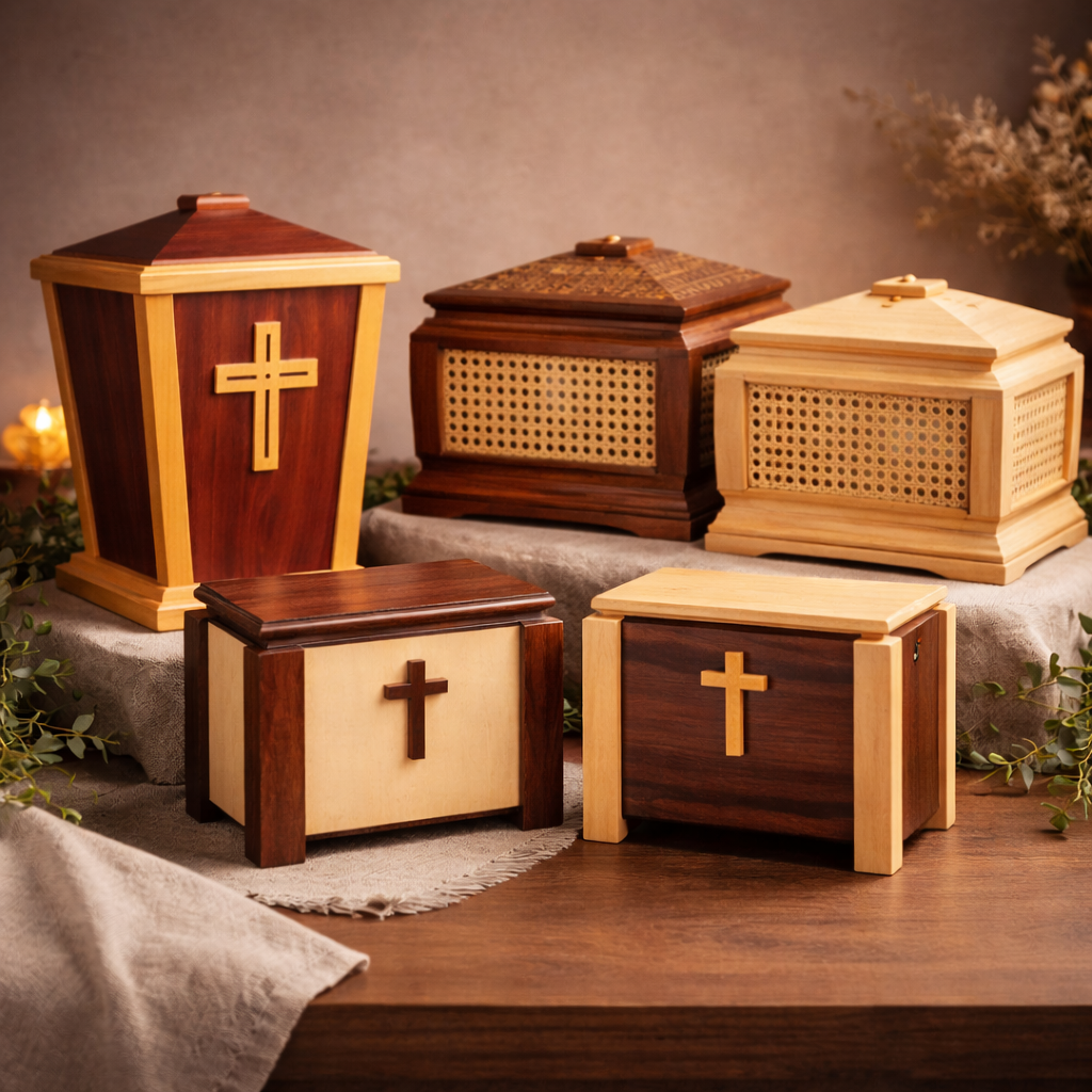 Several Hardwood Urns placed together