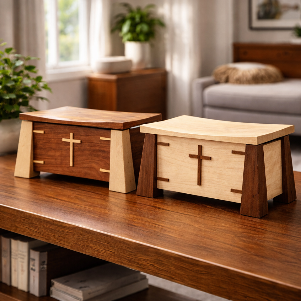 Two handcrafted solid hardwood cremation urns displayed on a wooden shelf in a home setting