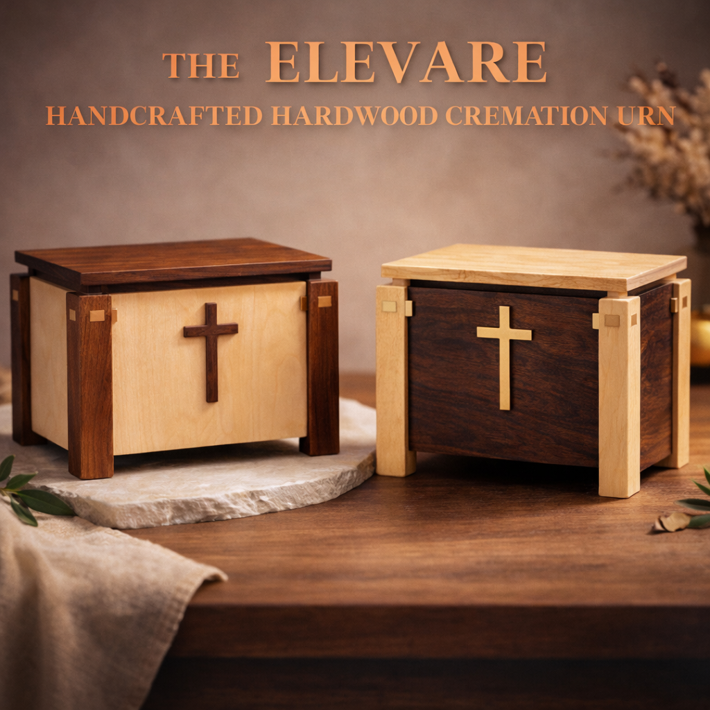 The Elevare handcrafted hardwood cremation urn for ashes with modern memorial design