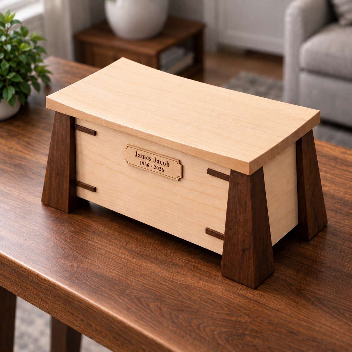 Elevare Maple & Walnut handcrafted cremation urn with engraved maple plaque, angled top view