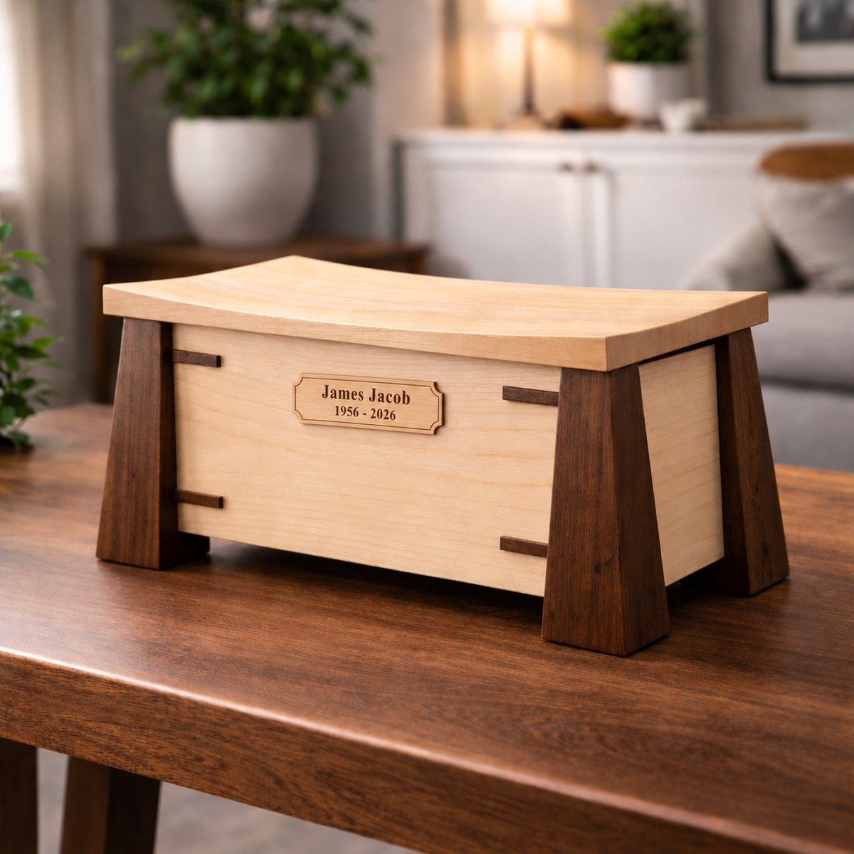 Elevare Maple & Walnut handcrafted cremation urn with a personalized engraved maple wood plaque, front view
