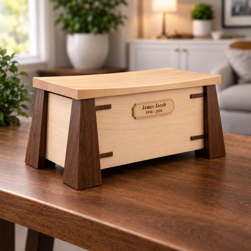 Elevare Maple & Walnut handcrafted cremation urn with engraved maple plaque, left three-quarter view