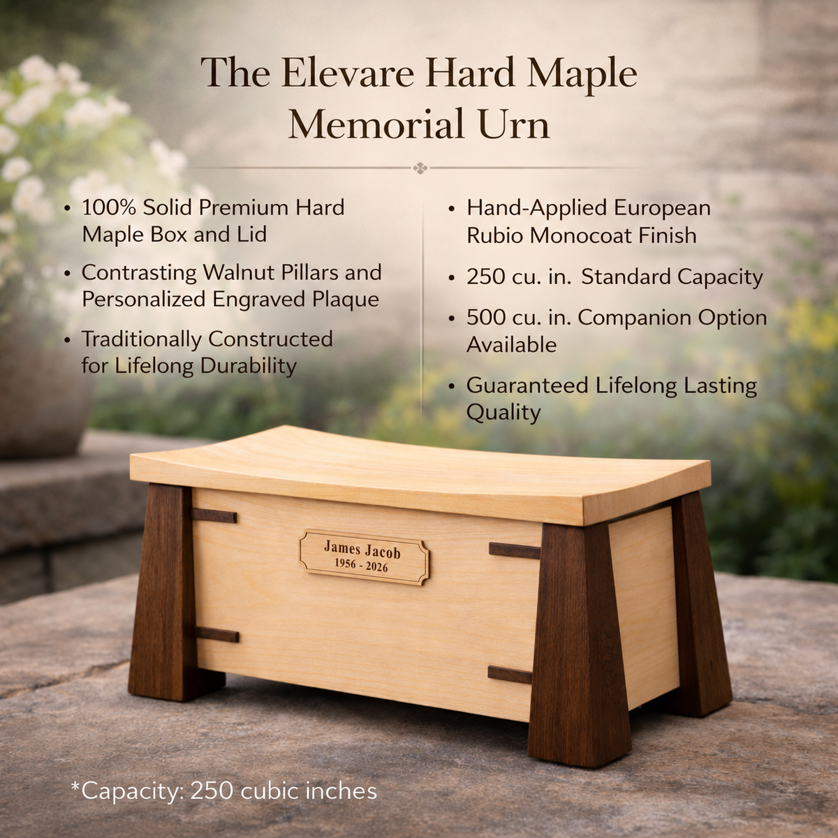 Elevare Hard Maple Memorial Urn features: 100% solid premium hard maple box and lid, contrasting walnut pillars and personalized engraved plaque, 250 and 500 cubic inch capacities