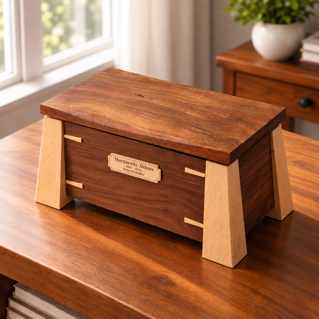 Elevare Walnut & Maple handcrafted cremation urn with engraved maple plaque, angled top view