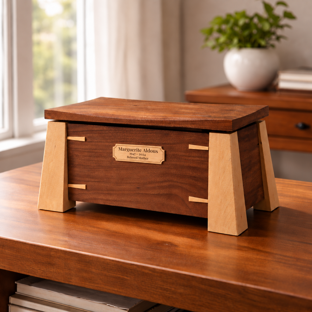 Elevare Walnut & Maple handcrafted cremation urn with a personalized engraved maple wood plaque, front view