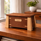 Elevare Walnut & Maple handcrafted cremation urn with a personalized engraved maple wood plaque, front view