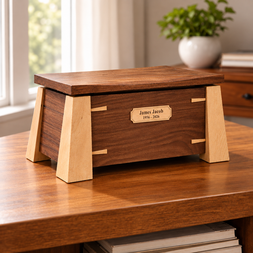 Elevare Walnut & Maple handcrafted cremation urn with engraved maple plaque, left three-quarter view