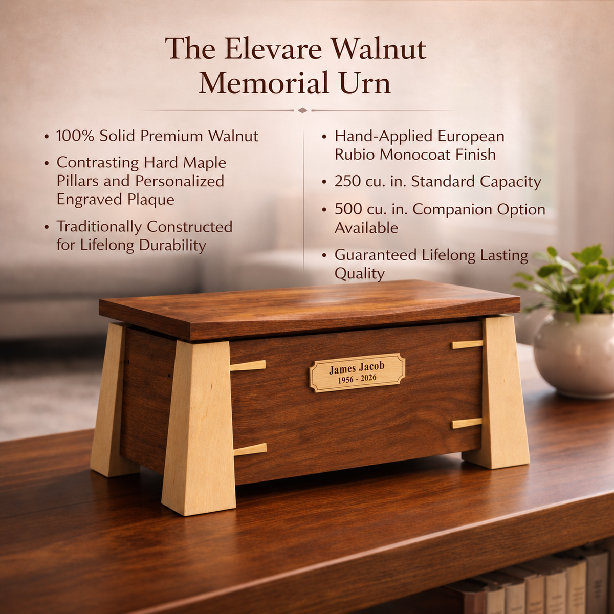 Elevare Walnut Memorial Urn features: 100% solid premium walnut, contrasting hard maple pillars and personalized engraved plaque, 250 and 500 cubic inch capacities