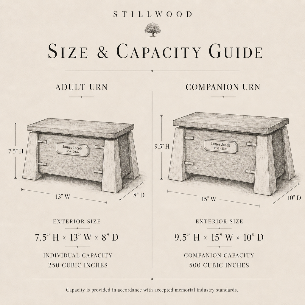 Elevare Walnut urn size and capacity guide: adult 7.5 x 13 x 8 inches, 250 cubic inches; companion 9.5 x 15 x 10 inches, 500 cubic inches