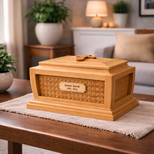 Heirloom Maple cremation urn with cane panels and engraved plaque