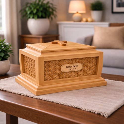 Heirloom Maple urn left three-quarter view with engraved plaque