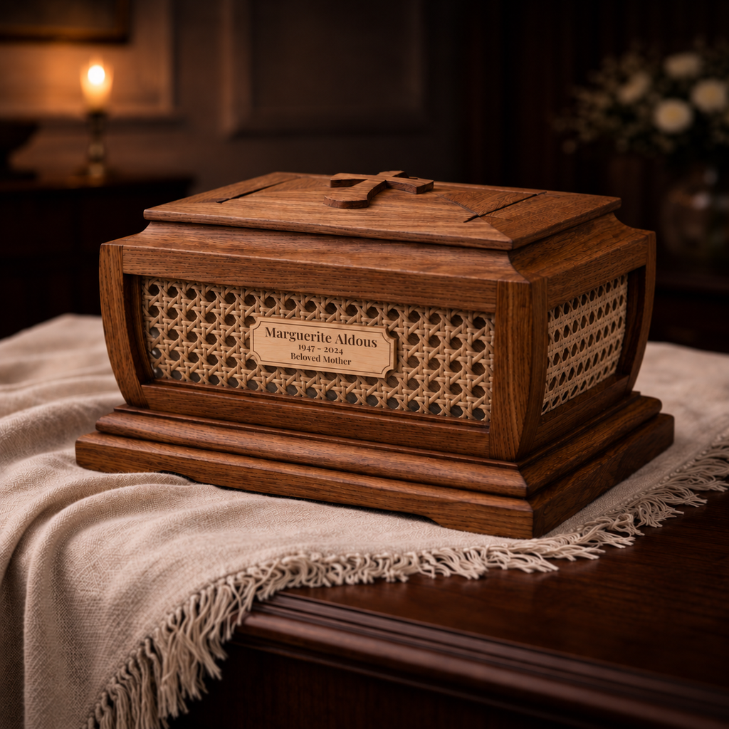 Heirloom Oak cremation urn with cane panels and engraved maple plaque