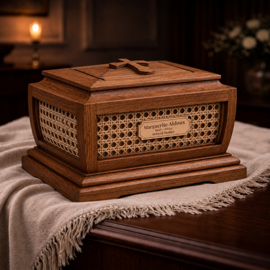 Heirloom Oak urn left three-quarter view with engraved plaque