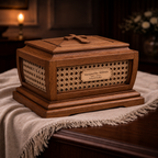 Heirloom Oak urn left three-quarter view with engraved plaque