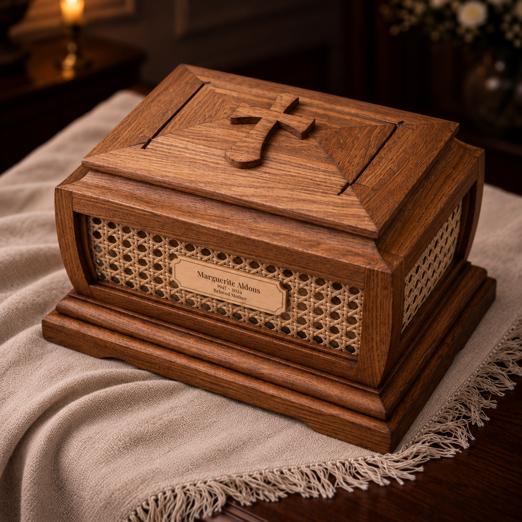 Heirloom Oak urn angled top view showing lid and plaque