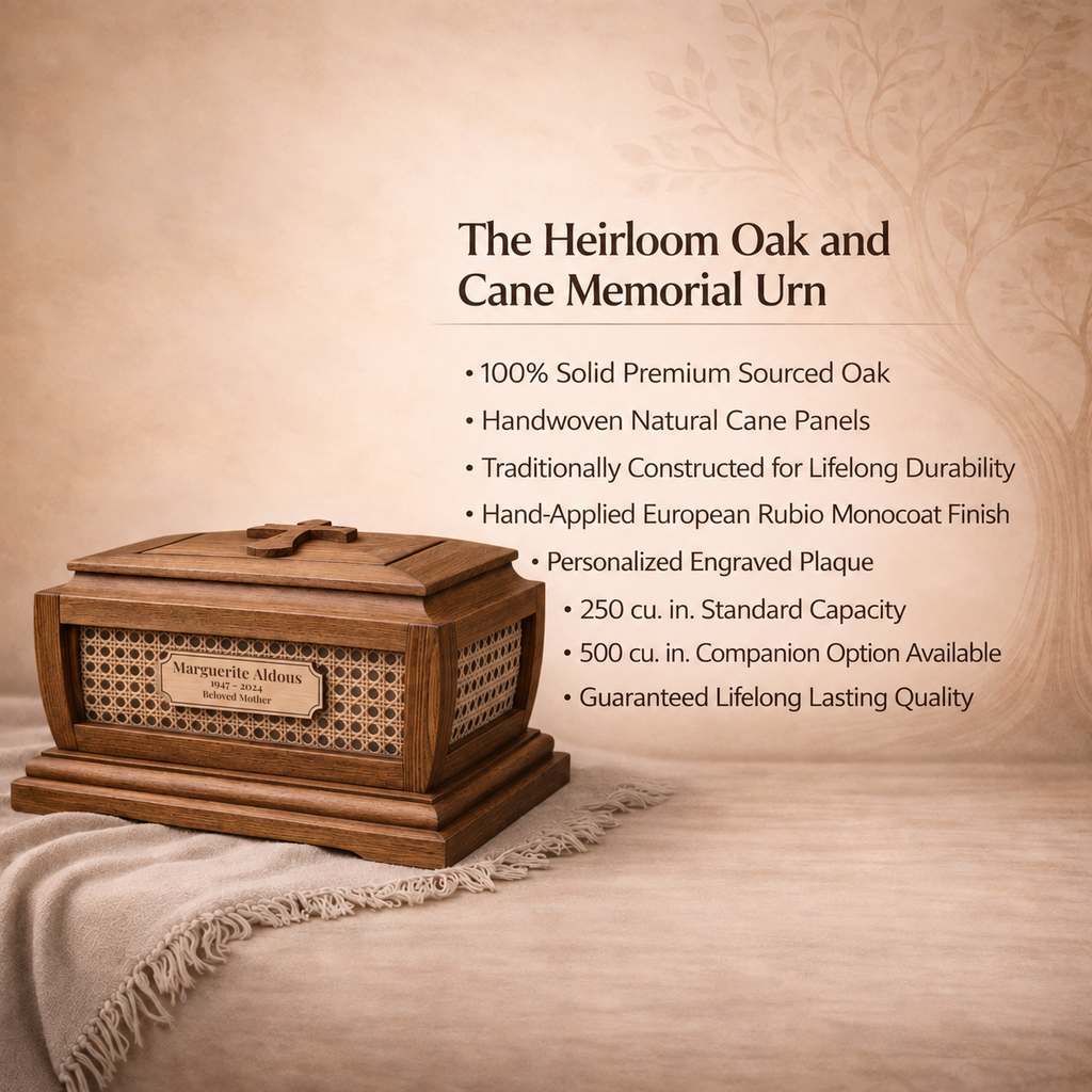 Heirloom Oak and Cane memorial urn features