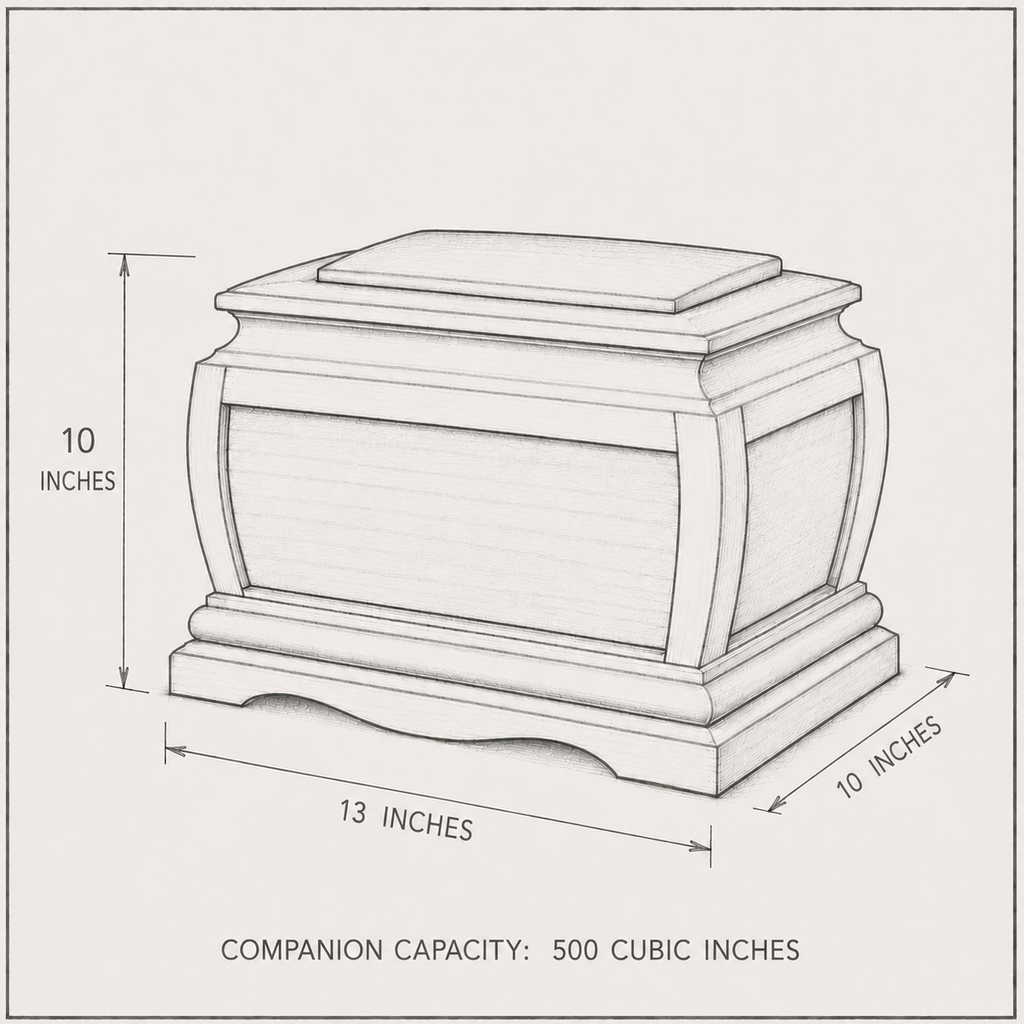 Line drawing of a rectangular urn with dimensions and capacity details.