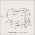 Line drawing of a rectangular urn with dimensions and capacity details.