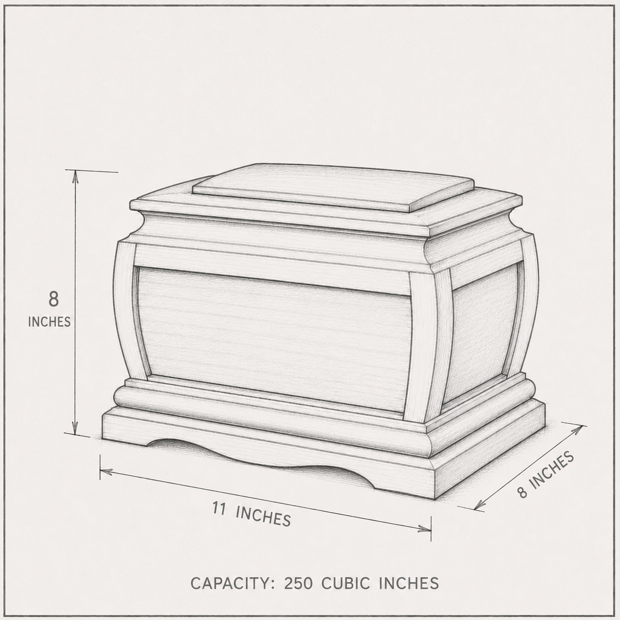 Line drawing of a rectangular urn with dimensions labeled