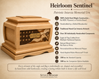 Wooden urn with intarsia design on a beige background, featuring text about the product.