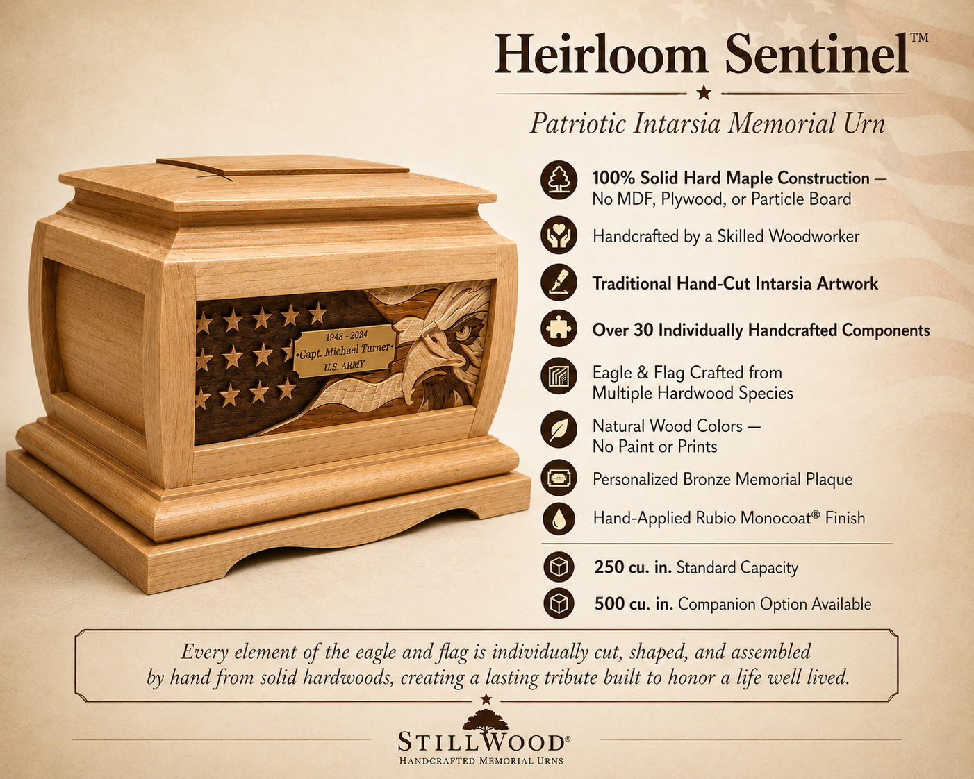 Wooden urn with intarsia design on a beige background, featuring text about the product.