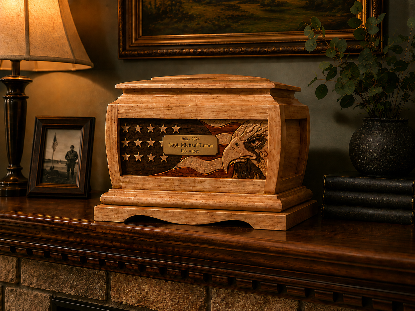 Wooden urn with American flag and eagle design on a fireplace mantle. Handcraft intarsia and carving work