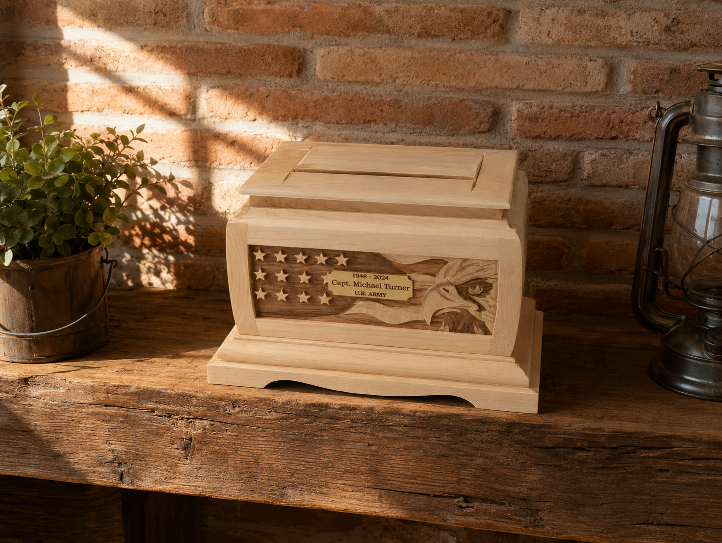 Wooden urn with American flag and eagle design on a fireplace mantle. Handcraft intarsia and carving work