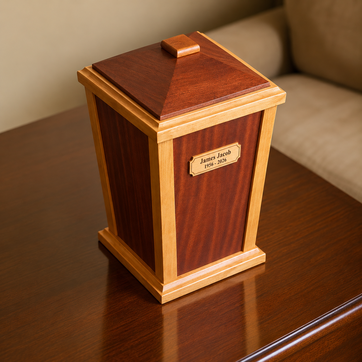 Lanternwood Mahogany cremation urn with engraved maple plaque, angled top view