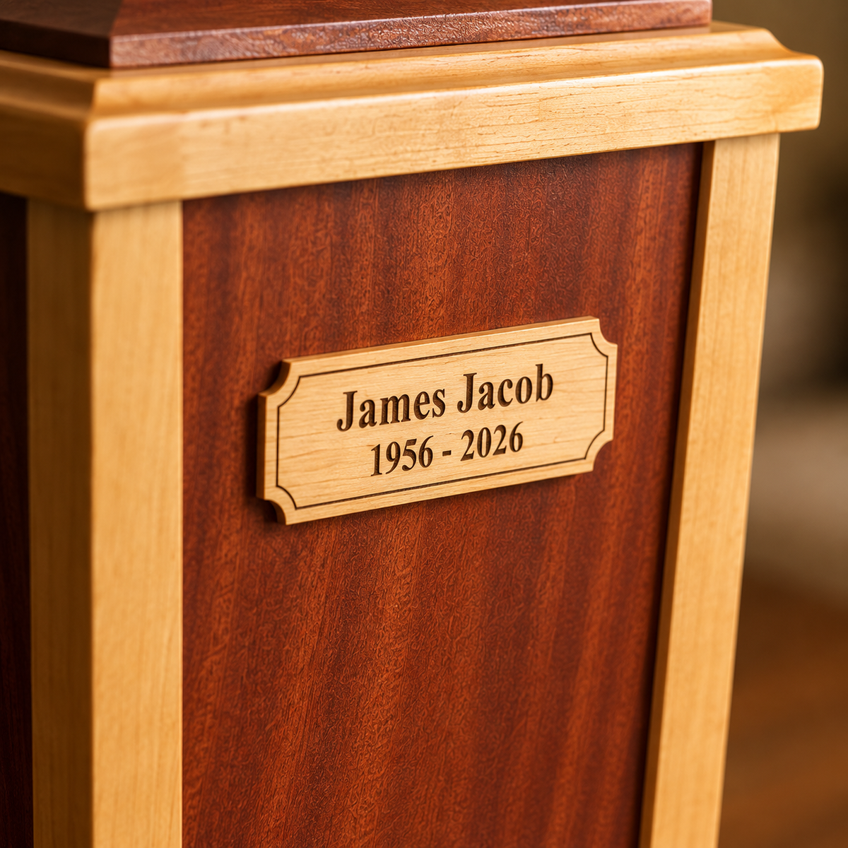 Close-up of the engraved maple plaque on a Lanternwood Mahogany urn showing the mahogany grain and maple trim