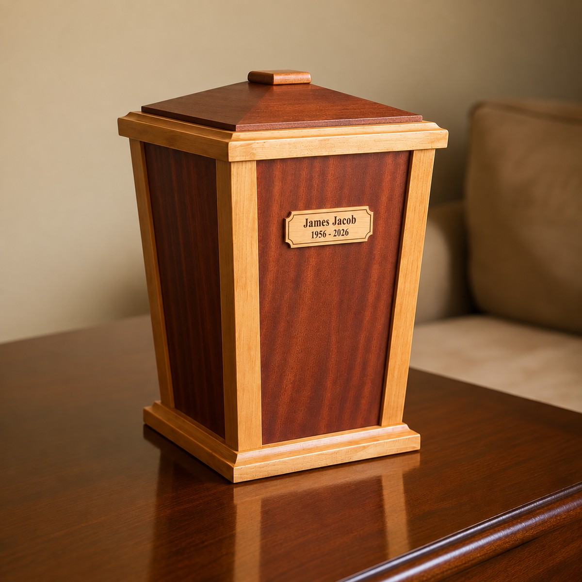 Lanternwood Mahogany cremation urn with engraved maple plaque, three-quarter view