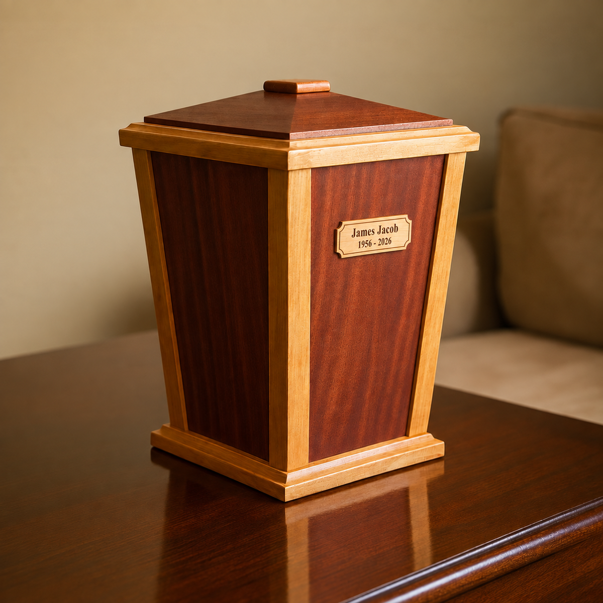 Lanternwood Mahogany handcrafted cremation urn with a personalized engraved maple wood plaque on the front panel