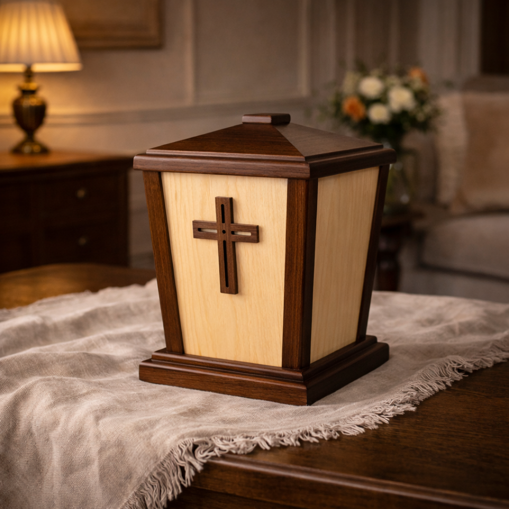 Wooden urn with a cross on a table in a room with a lamp and flowers.