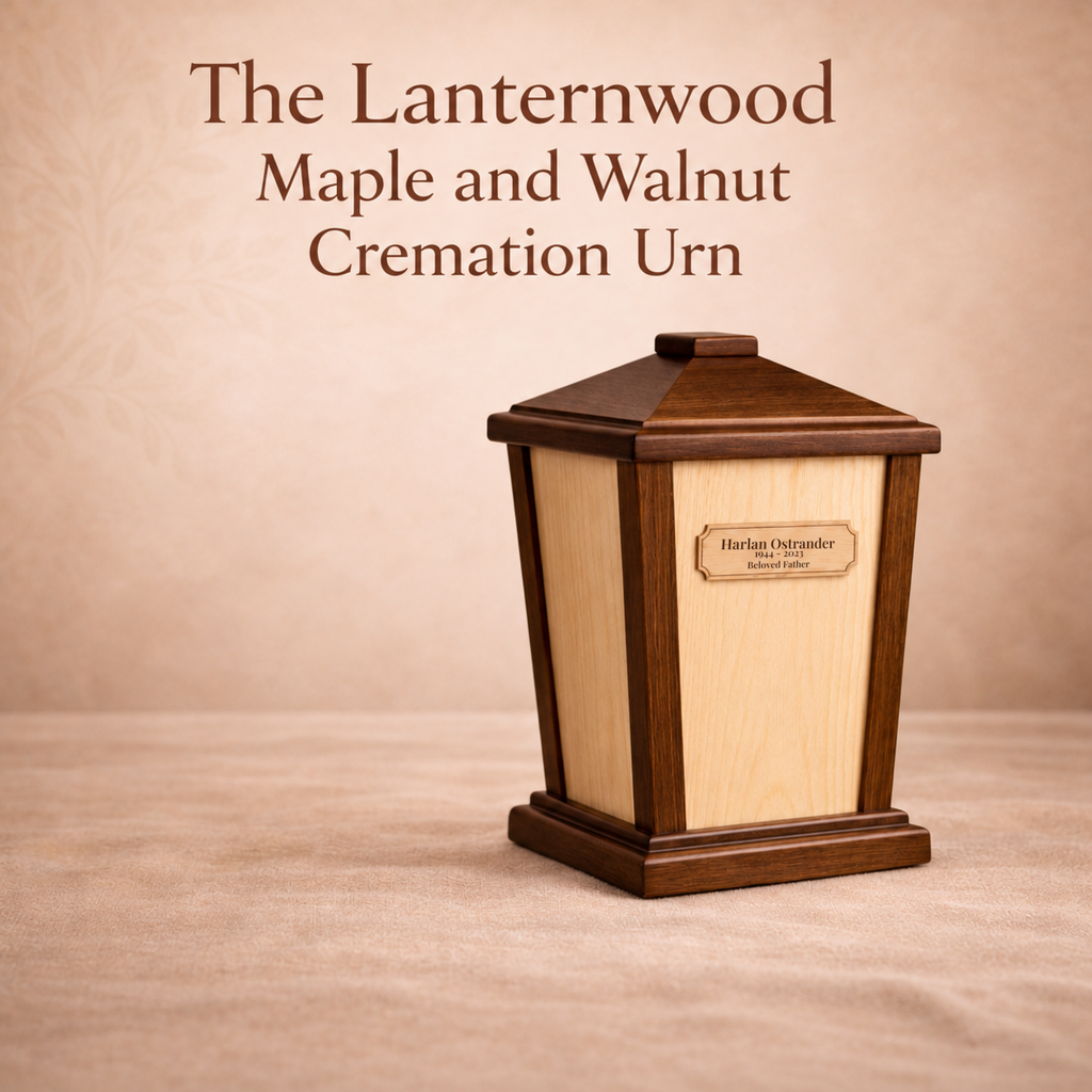 The Lanternwood Maple and Walnut cremation urn with engraved maple plaque