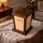 Lanternwood Maple and Walnut cremation urn with engraved maple plaque, angled top view