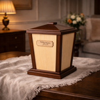 Lanternwood Maple and Walnut handcrafted cremation urn with a personalized engraved maple wood plaque on the front panel