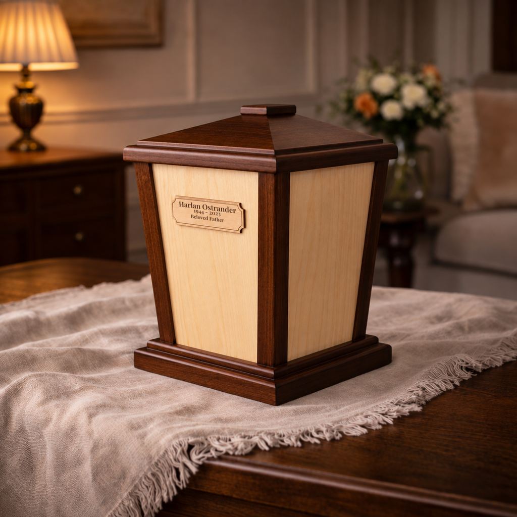 Lanternwood Maple and Walnut cremation urn with engraved maple plaque, three-quarter view