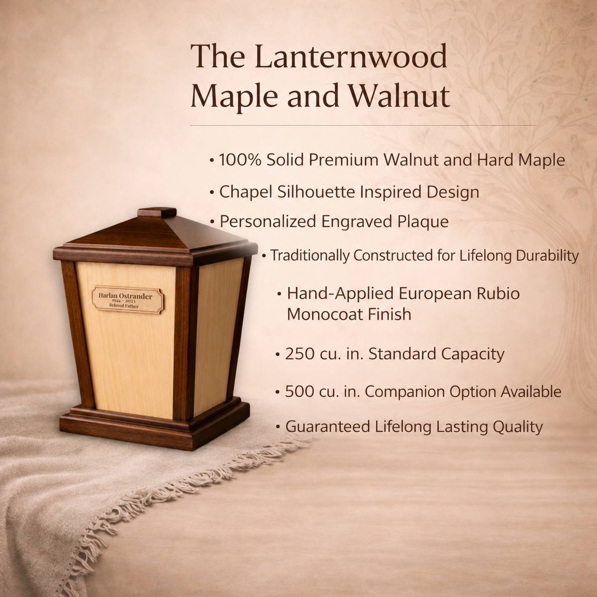 Lanternwood Maple and Walnut urn features: 100% solid premium walnut and hard maple, chapel silhouette inspired design, personalized engraved plaque, 250 and 500 cubic inch capacities