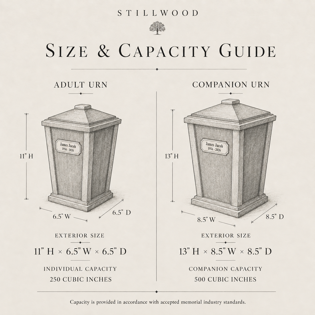 Lanternwood urn size and capacity guide: adult 11 x 6.5 x 6.5 inches, 250 cubic inches; companion 13 x 8.5 x 8.5 inches, 500 cubic inches
