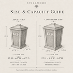 Lanternwood urn size and capacity guide: adult 11 x 6.5 x 6.5 inches, 250 cubic inches; companion 13 x 8.5 x 8.5 inches, 500 cubic inches