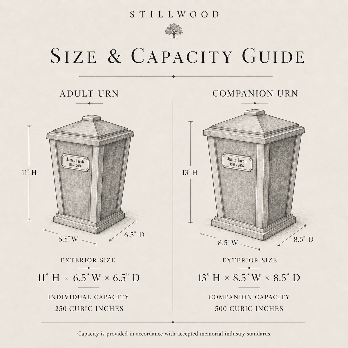 Lanternwood urn size and capacity guide: adult 11 x 6.5 x 6.5 inches, 250 cubic inches; companion 13 x 8.5 x 8.5 inches, 500 cubic inches
