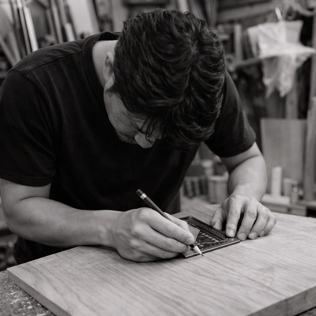 Person working on a wooden surface with tools in a workshop setting