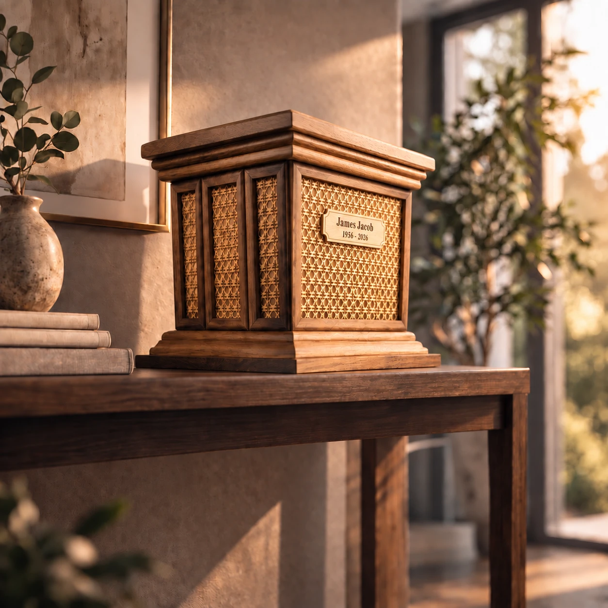 StillWood Oak and Natural Cane cremation urn with engraved maple plaque