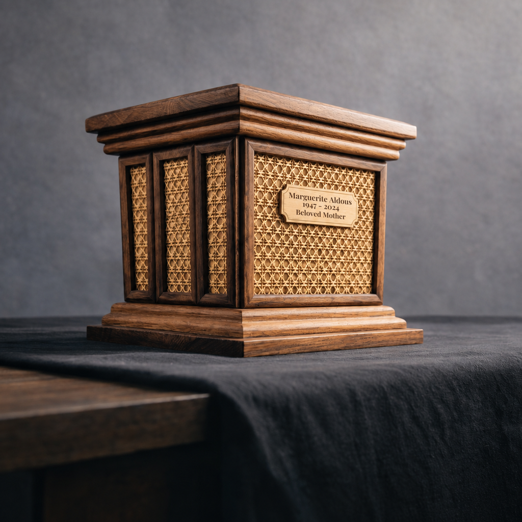 StillWood Oak urn angled view showing the single cane panel and engraved plaque